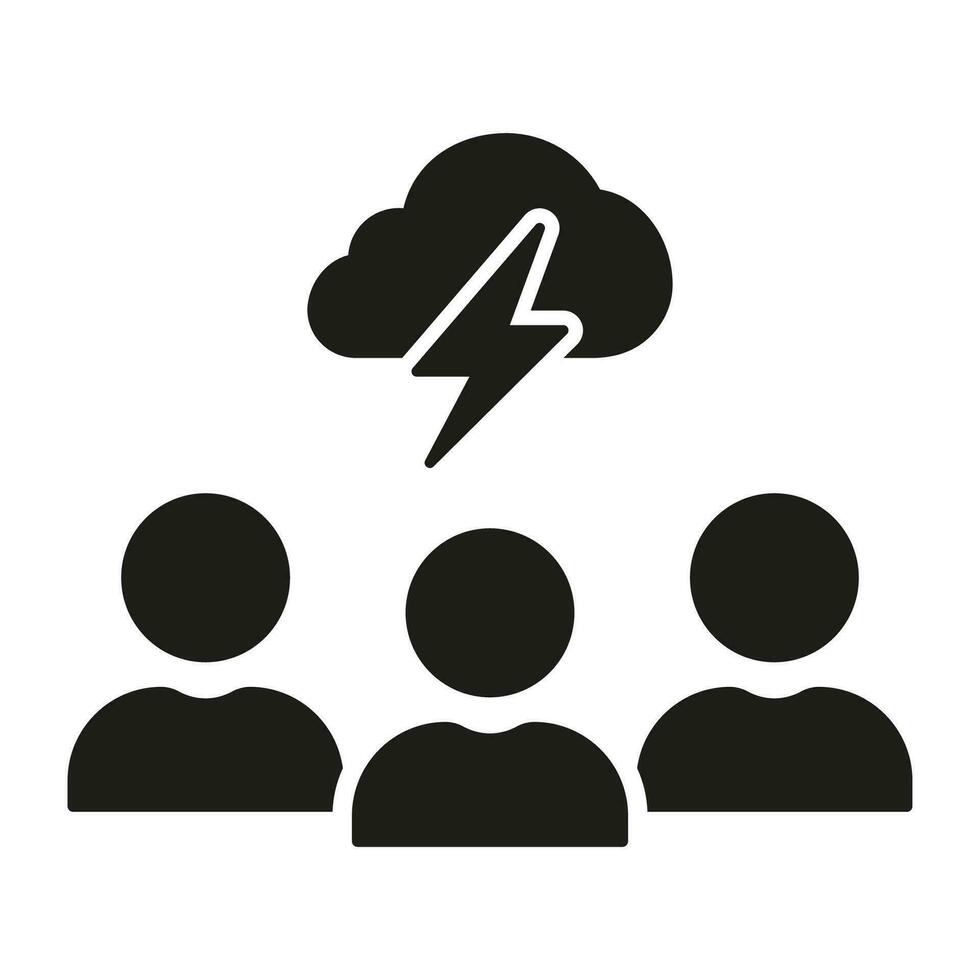 Creativity Work Silhouette Icon. Brainstorming Team Glyph Pictogram. Psychology Solid Sign. Thunderstorm with Cloud and Lightning Above Group Of People Symbol. Isolated Vector Illustration.