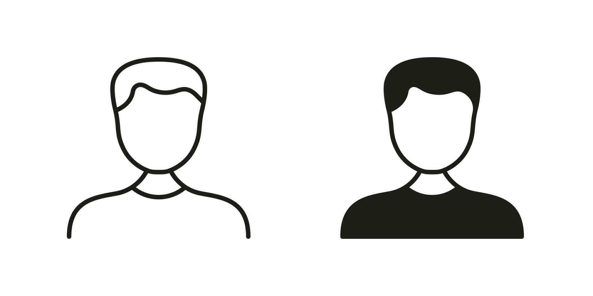 Man Line and Silhouette Black Icon Set. Male Person Pictogram. Business Profile Symbol Collection. Businessman Sign. Human Face Portrait. Office People. User's Avatar. Isolated Vector Illustration.