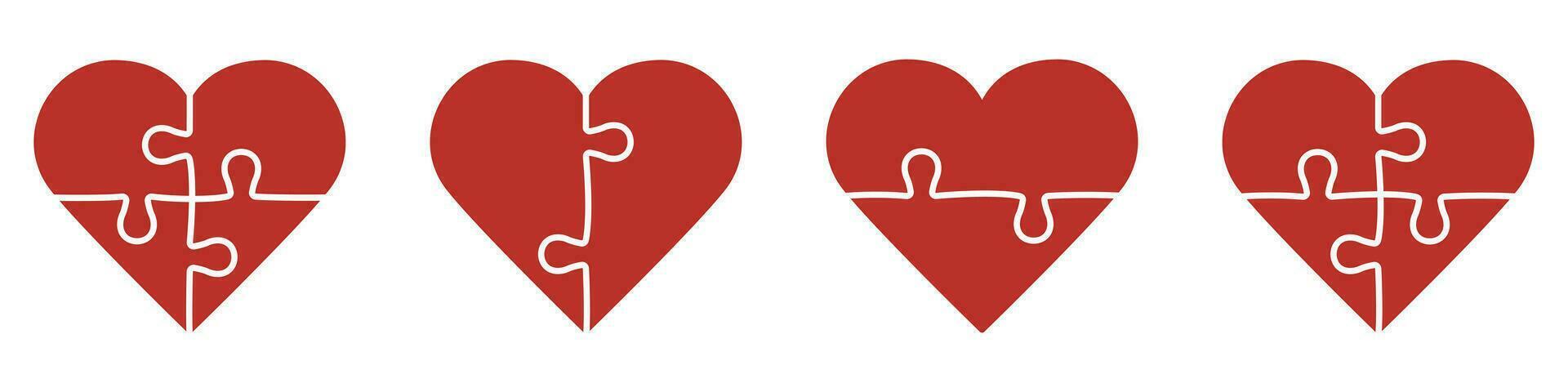 Puzzle Combination in Heart Shape Silhouette Icon. Red Greeting Card for Valentine's Day, Puzzle and Love Solid Sign. Jigsaw Pieces Match Together Glyph Pictogram. Isolated Vector Illustration.