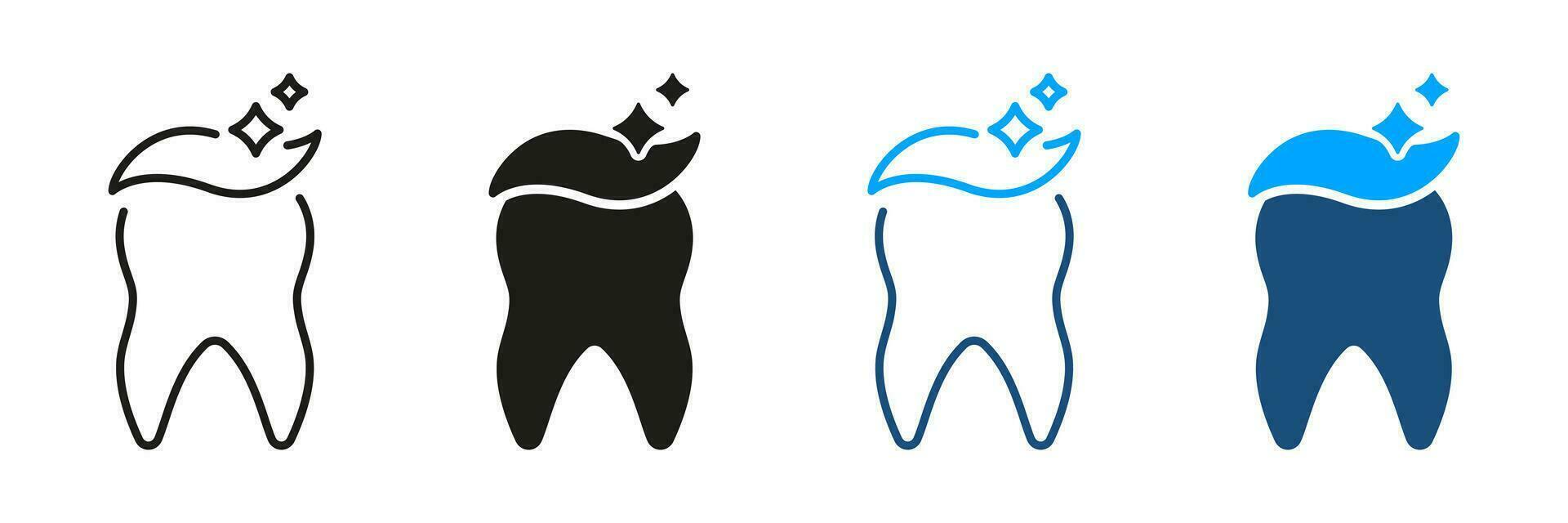 Tooth Cleaning Silhouette and Line Icon Set. Dental Treatment, Healthy Clean Teeth. Dental Hygiene with Toothpaste Pictogram. Orthodontic Healthcare Symbol Collection. Isolated Vector Illustration.