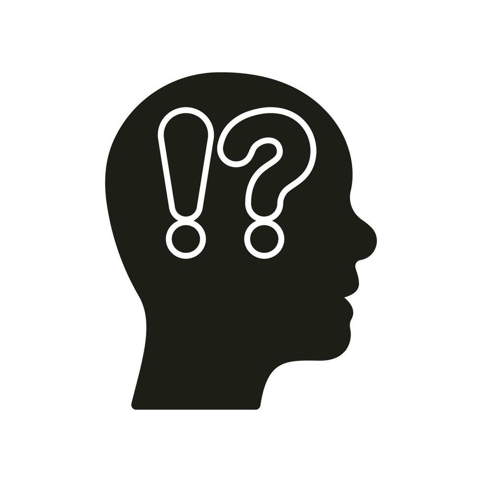 Human Head with Exclamation Point and Question Mark Silhouette Icon. Doubt Sign. Man Confused Glyph Pictogram. Curious Person Face in Profile View Solid Symbol. Isolated Vector Illustration.