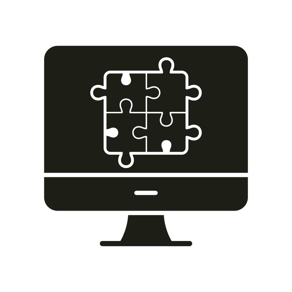 Online Puzzle App in Computer Glyph Pictogram. Brainstorming, Teamwork, Strategy. Web Digital Puzzle Solid Sign. Jigsaw Game on Computer Screen Silhouette Icon. Isolated Vector Illustration.