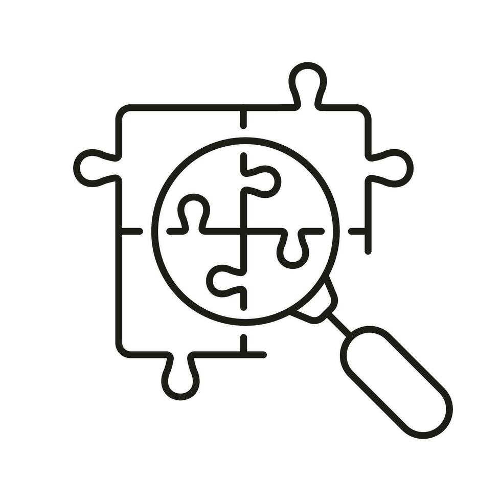 Puzzle Parts with Magnifier Line Icon. Jigsaw Pieces and Magnifying Glass Search Linear Pictogram. Teamwork Connection, Problem Solving Outline Sign. Editable Stroke. Isolated Vector Illustration.