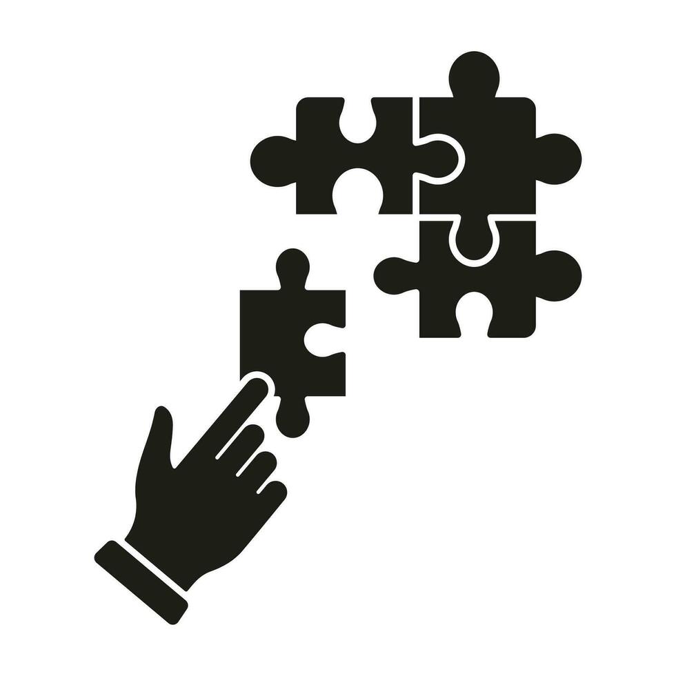 Jigsaw and Human Hand Silhouette Icon. Brainstorming and Problem Solving Process. Puzzle Strategy Solution, Team Game Glyph Pictogram. Connect Parts of Puzzle Solid Sign. Isolated Vector Illustration.