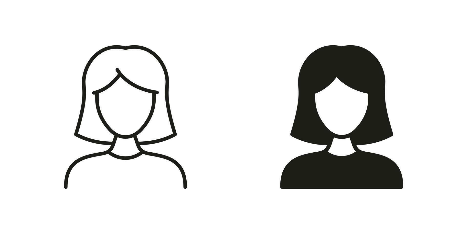 Woman Line and Silhouette Black Icon Set. Female Pictogram. Businesswoman, Politician Lady Sign. Business Manager. Beautiful Girl's Profile Avatar Symbol Collection. Isolated Vector Illustration.