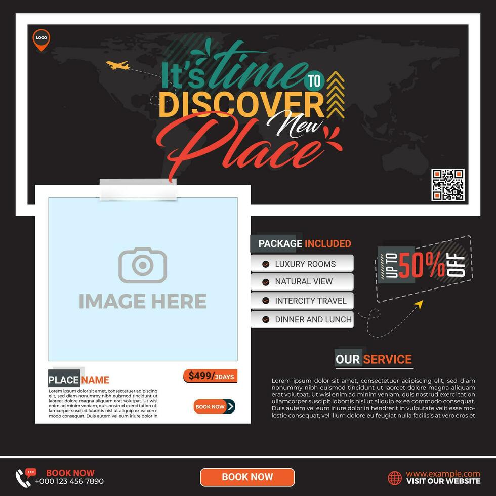 Travel sale social media banner post template design with agency logo, icon and abstract background for travelling business marketing. vector