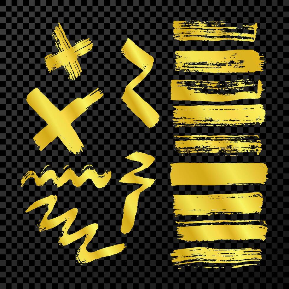 Gold grunge brush strokes. Big set of painted brush ink wave lines, stripes and crosses. Ink spot isolated on dark vector
