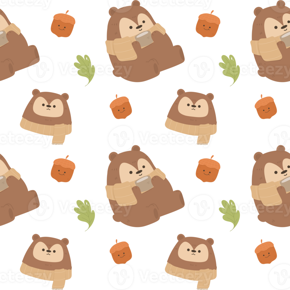 Seamless pattern with cute bear in the wood autumn season. Hand drawn childish background with wild animals in the forest. Endless kids texture for apparel, textile and prints. png