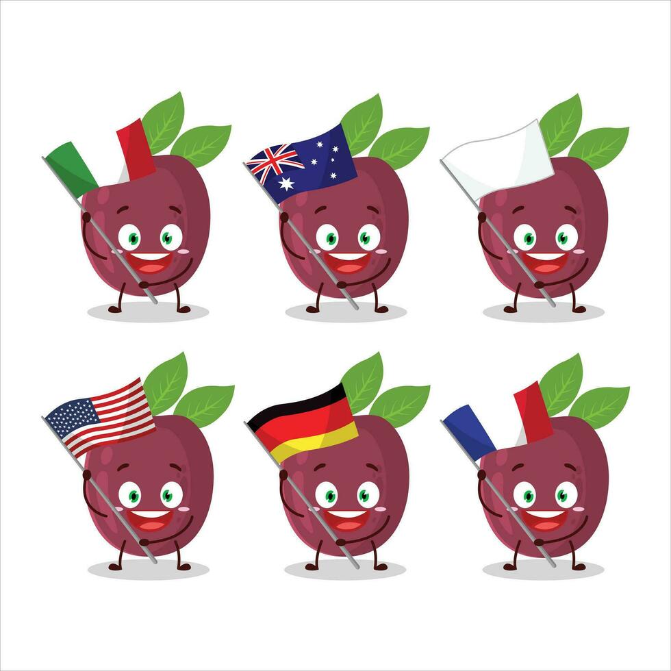 pasión Fruta dibujos animados personaje traer el banderas de varios países vector