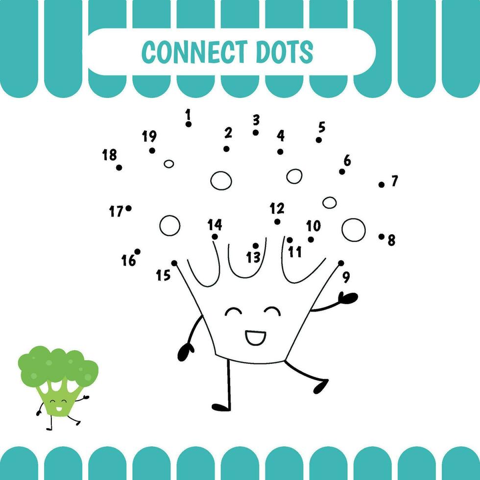 Connect dots game for preschool kids. Broccoli vector