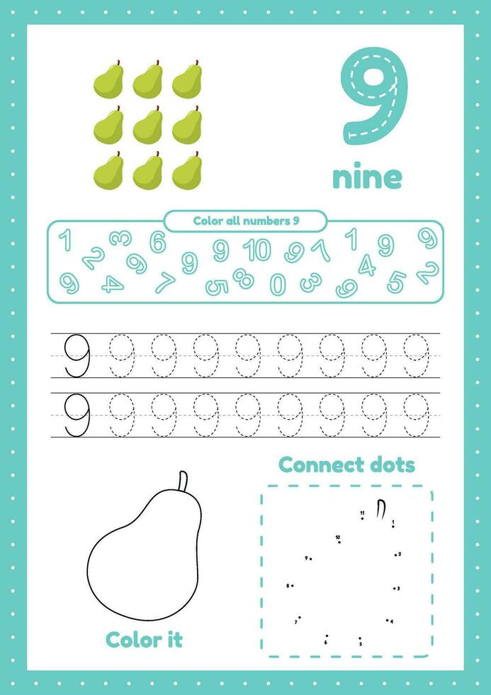 Trace numbers page with connect dot and color exercises vector