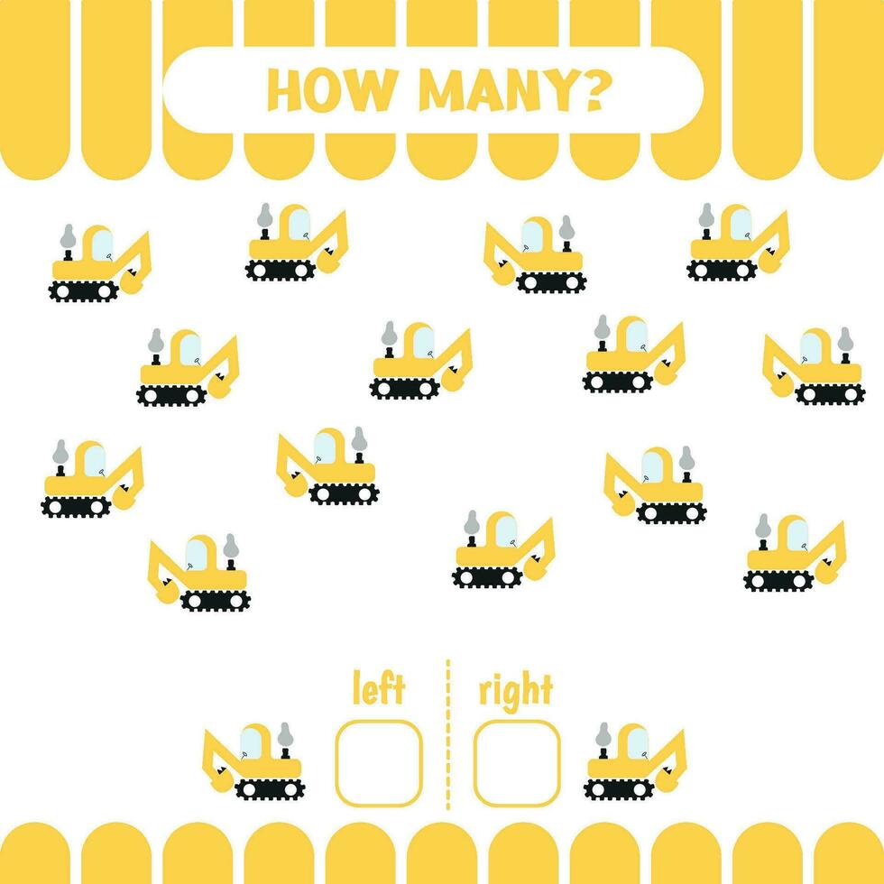 How many excavators right and left. Counting game vector