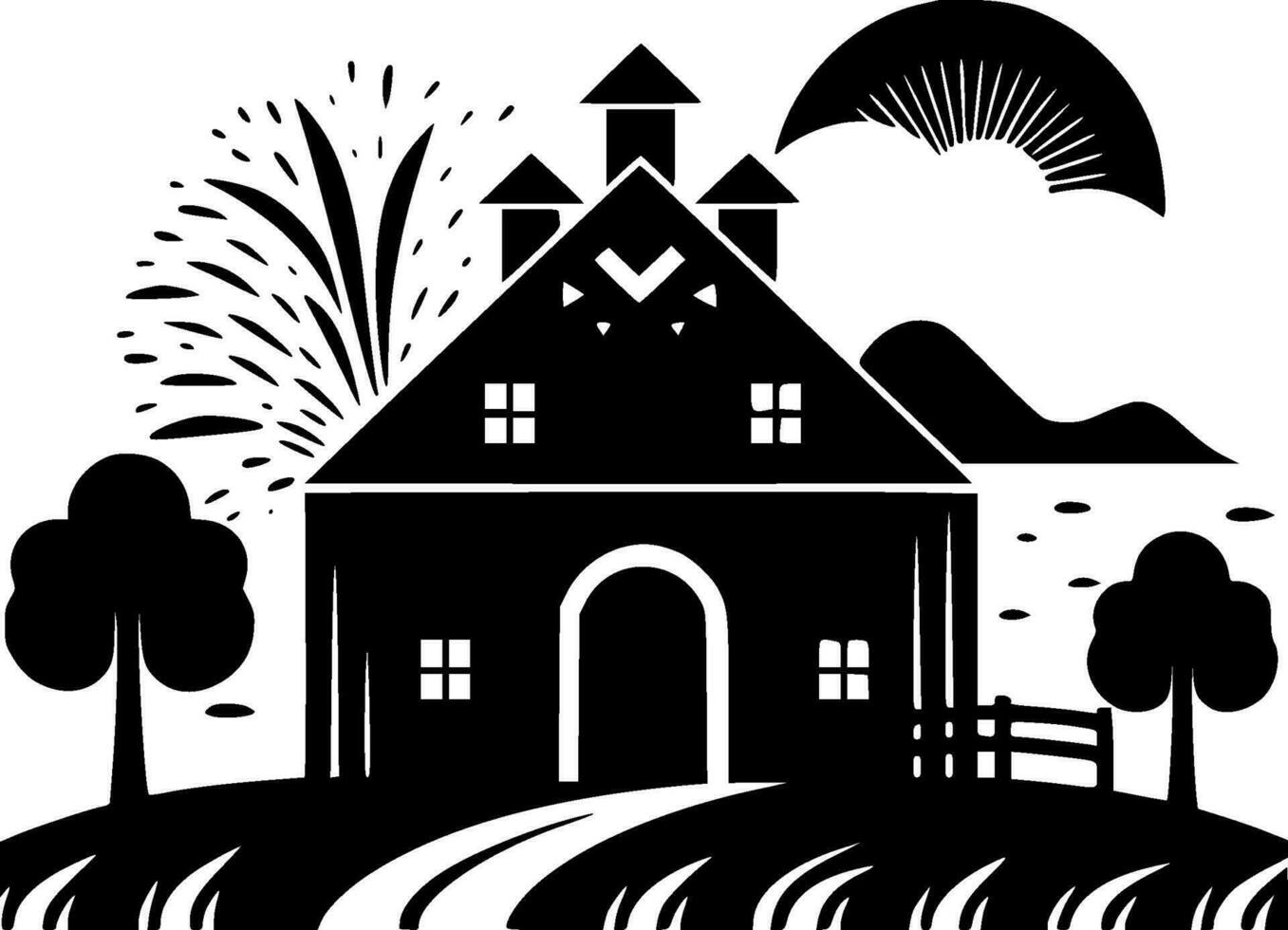 Farm, Black and White Vector illustration
