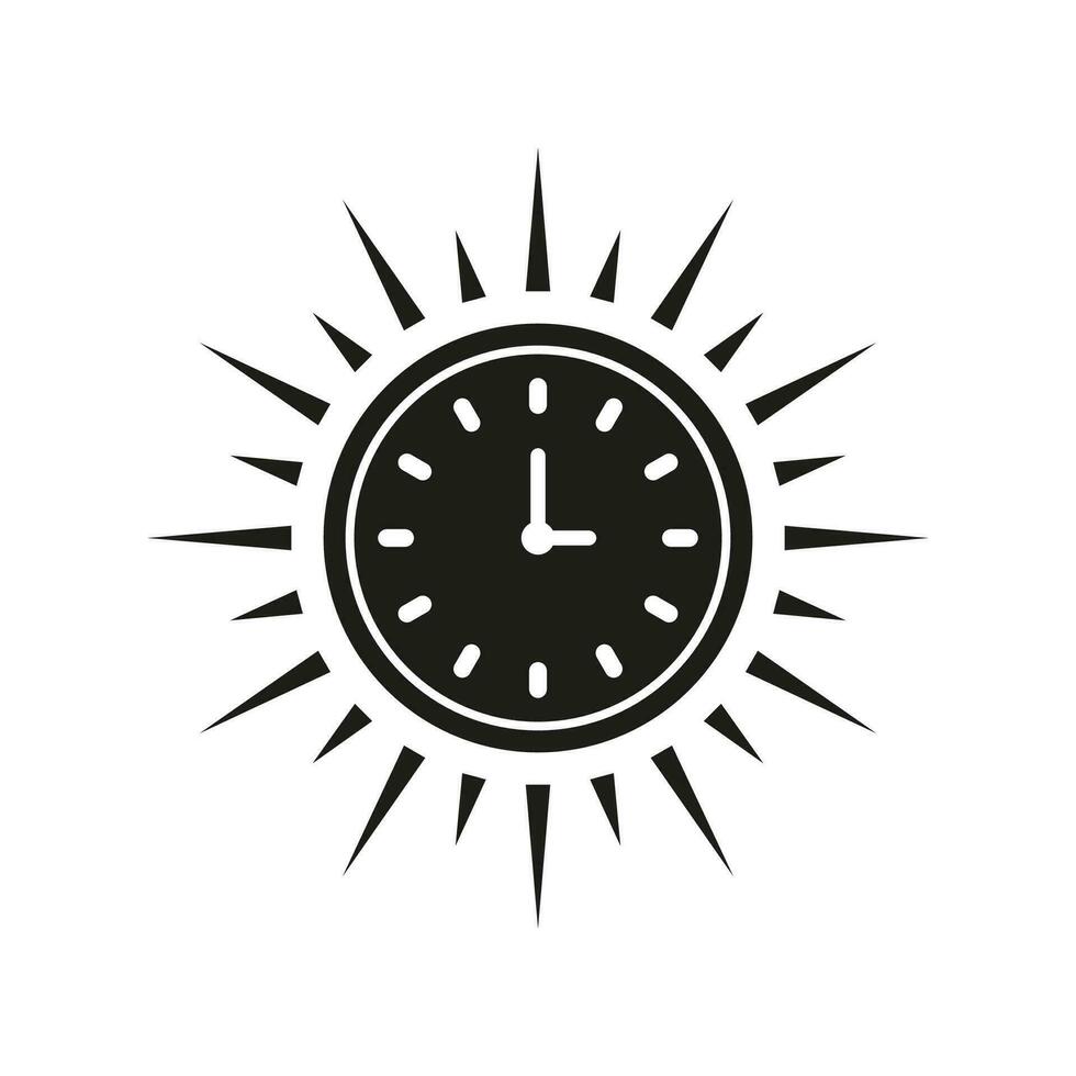 Sun Clock Silhouette Icon. Summer Time Glyph Pictogram. Sunrise and Sunset Hours. Morning Sunshine Symbol. Summertime Alarm Solid Sign. Isolated Vector Illustration.