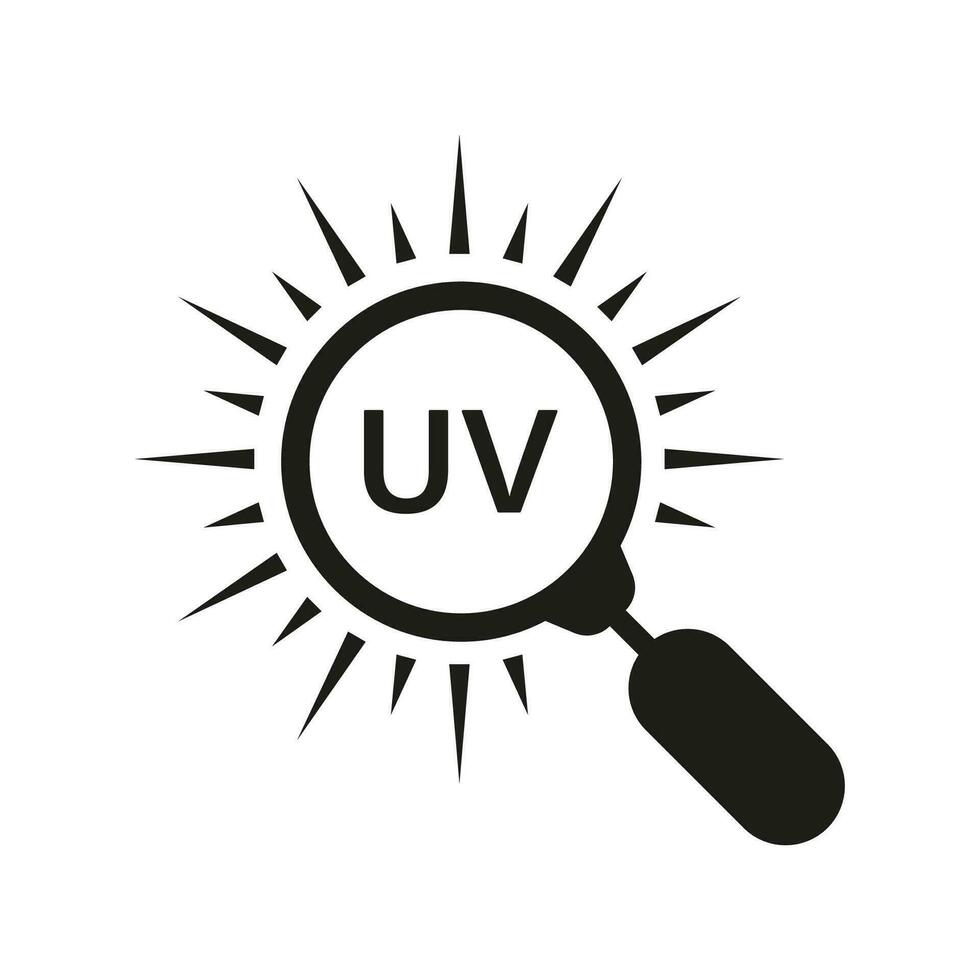 UV Symbol with Magnifying Glass Silhouette Icon. Ultraviolet Rays Exploration Glyph Pictogram. Summer Sunshine. Danger Heat Wave Solid Sign. Isolated Vector Illustration.
