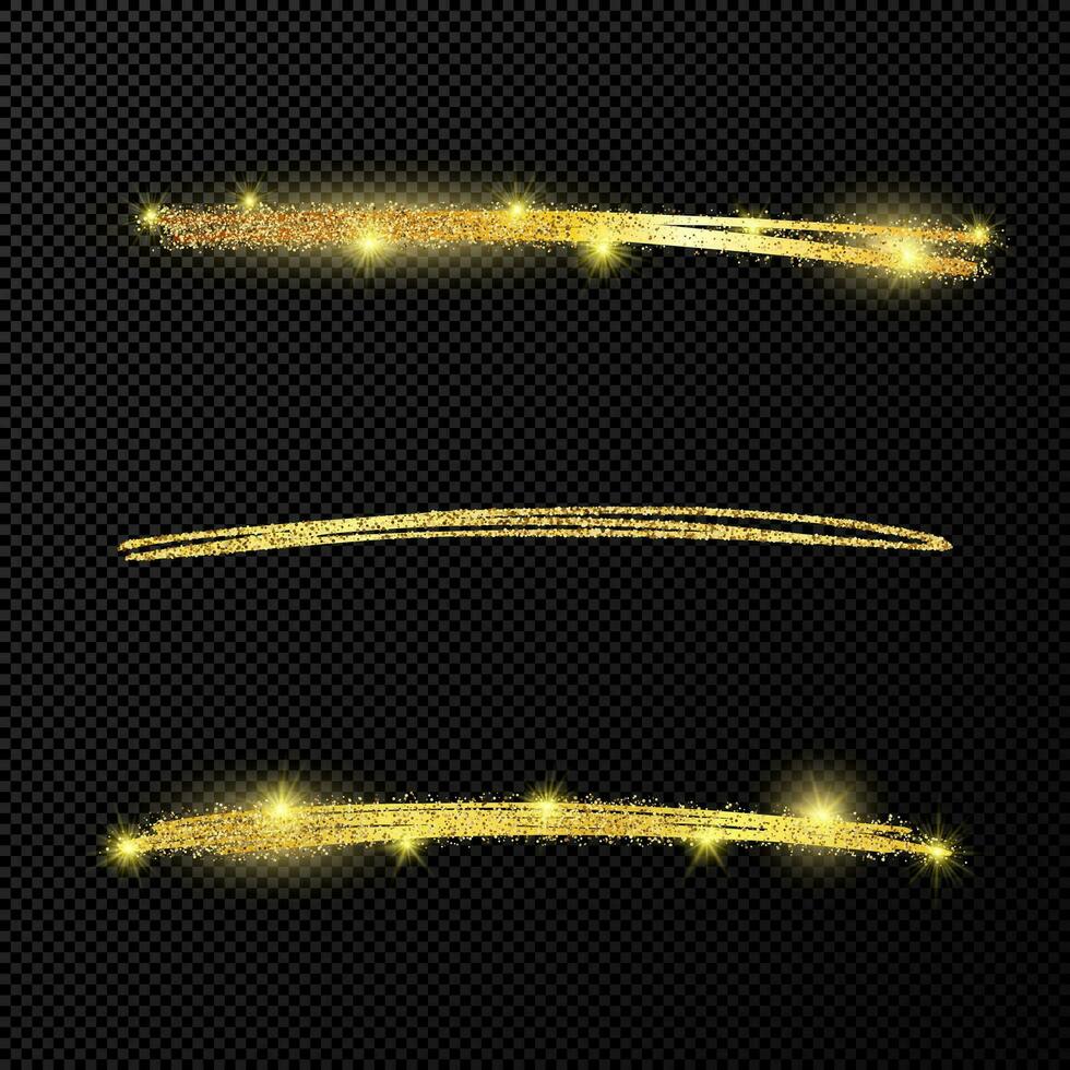 Abstract shiny confetti glittering waves. Set of three hand drawn brush golden strokes on black vector