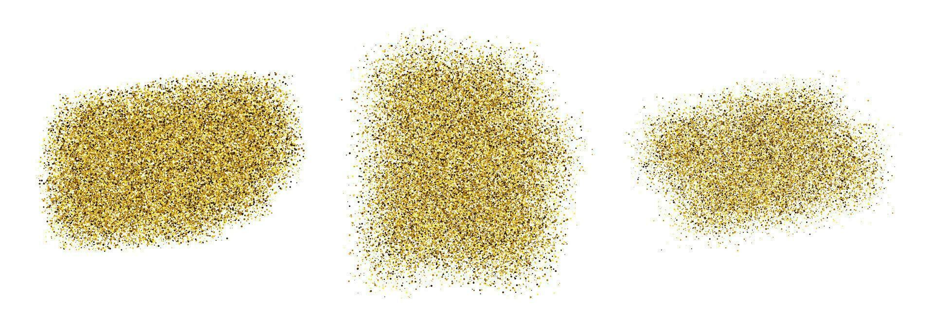 Set of three golden paint glittering backdrops on a white background. Background with gold sparkles and glitter effect. Empty space for your text. Vector illustration