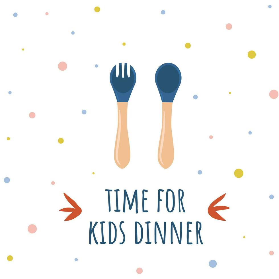 niños lámina, tenedor y cuchara silicona vajilla para bebé vector. blanco antecedentes. título hora para niños cena vector