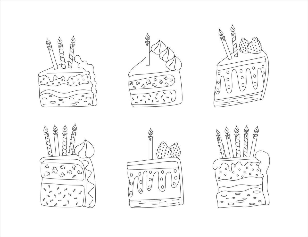 Cakes slices pieces with candles. Hand drawn sketch. Outlined on white background. Set of cakes. Vector