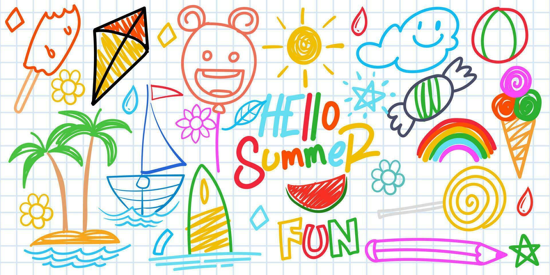 Summer funny hand drawn symbols vector set. Fruits, ice cream etc.