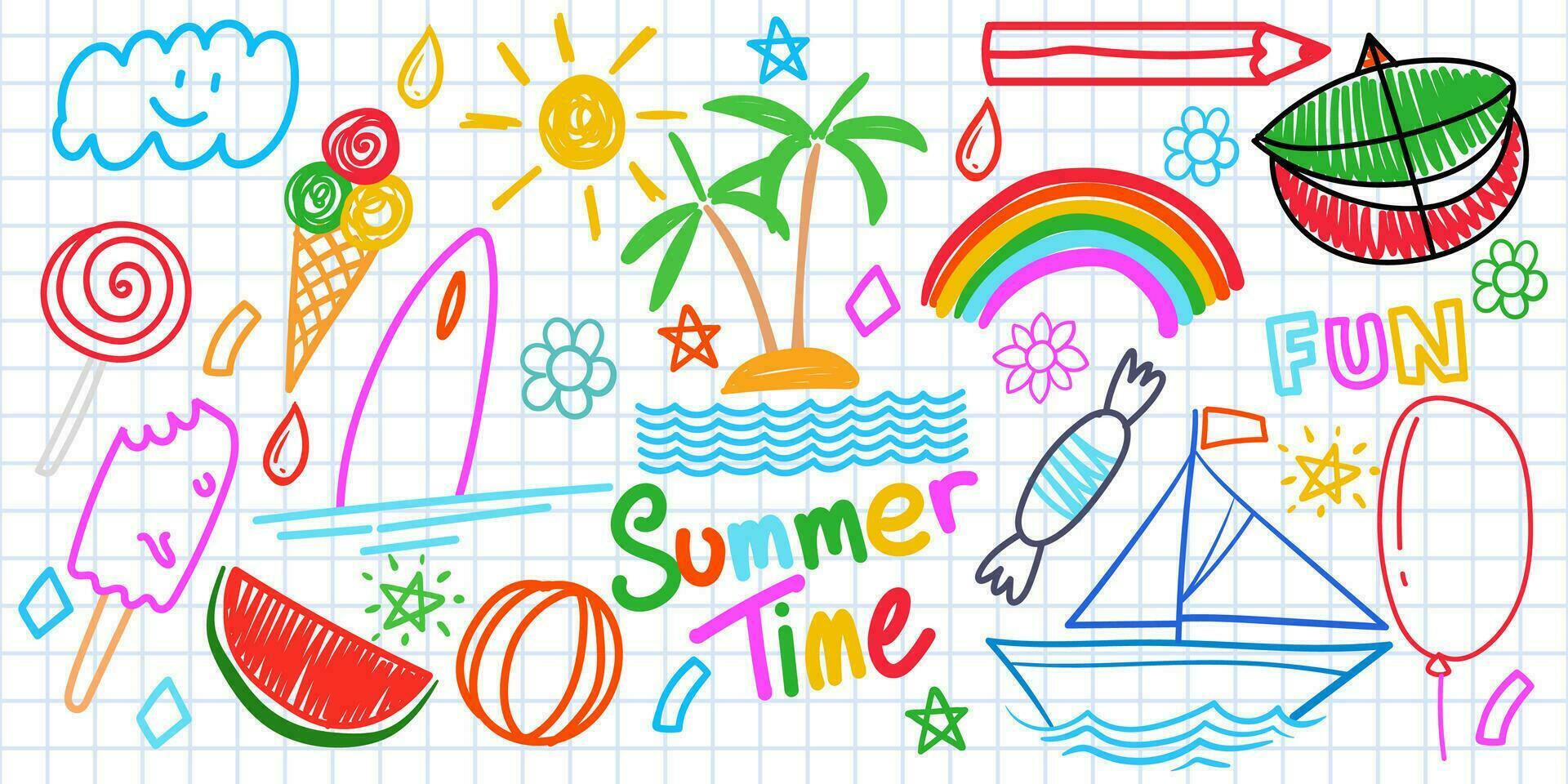Summer funny hand drawn symbols vector set. Fruits, ice cream, sun, kite. Like kids colorful crayon, pastel, chalk or pencil stroke. Doodle cartoon art. Hello outdoor happy time