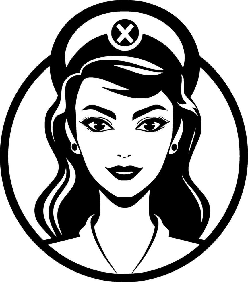 Nurse, Black and White Vector illustration