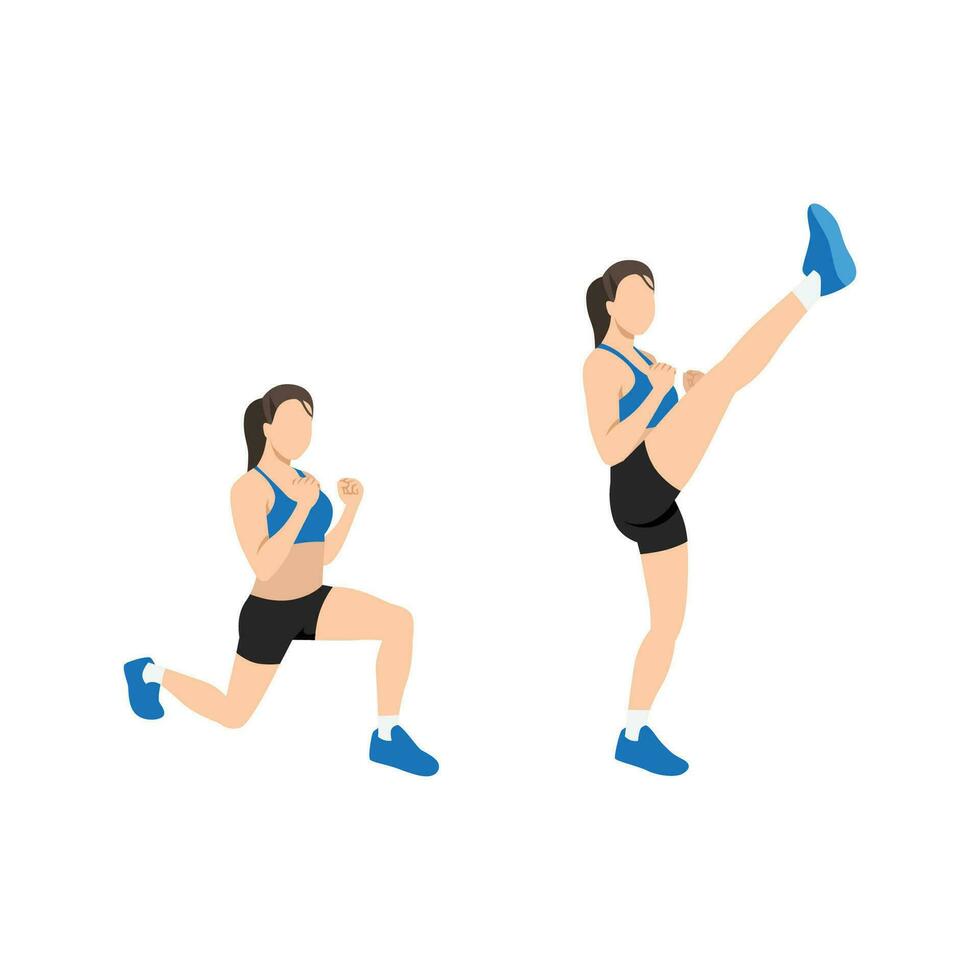 Woman doing Lunge kick exercise. Flat vector illustration isolated on white background