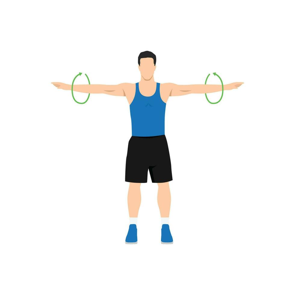 Man doing Standing arm circles exercise. Flat vector illustration
