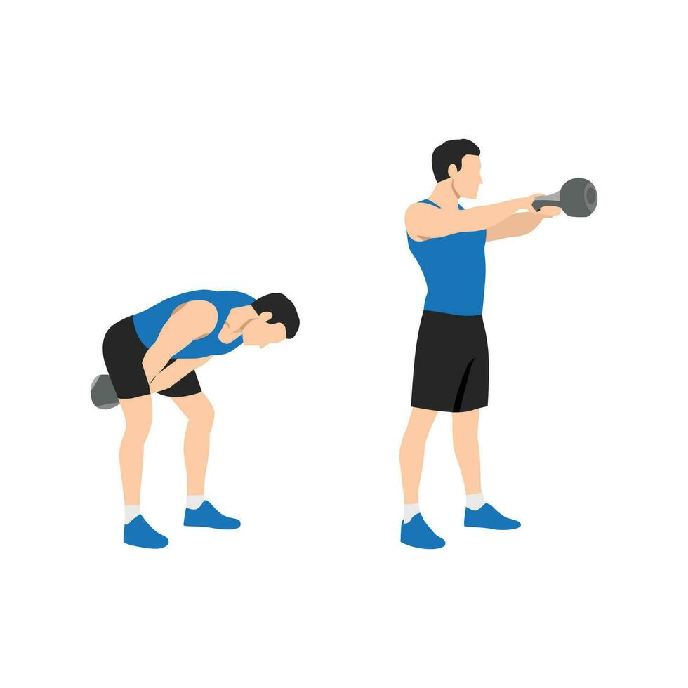 Man doing Kettlebell swing exercise. Flat vector illustration isolated on white background