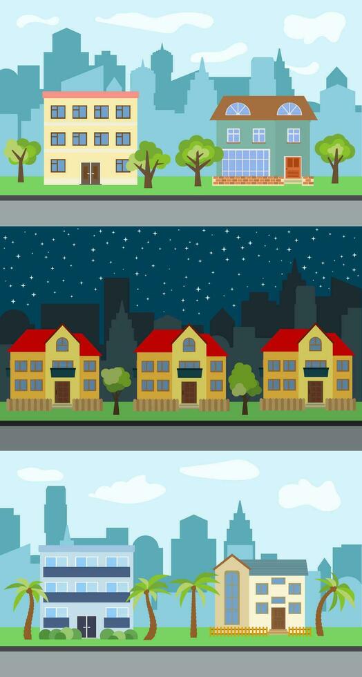 Set of three vector illustrations of city street with cartoon houses and trees. Summer urban landscape. Street view with cityscape on a background