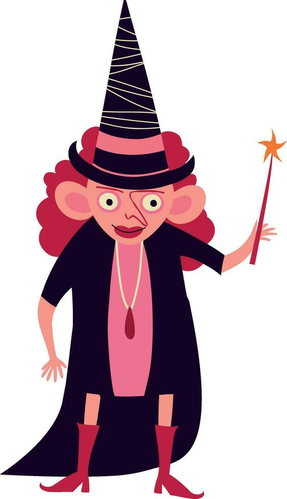 Little funny cute witch with magic stick. . Cartoon illustration for Halloween, vector