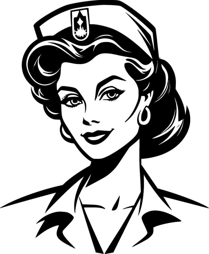 Nurse, Black and White Vector illustration