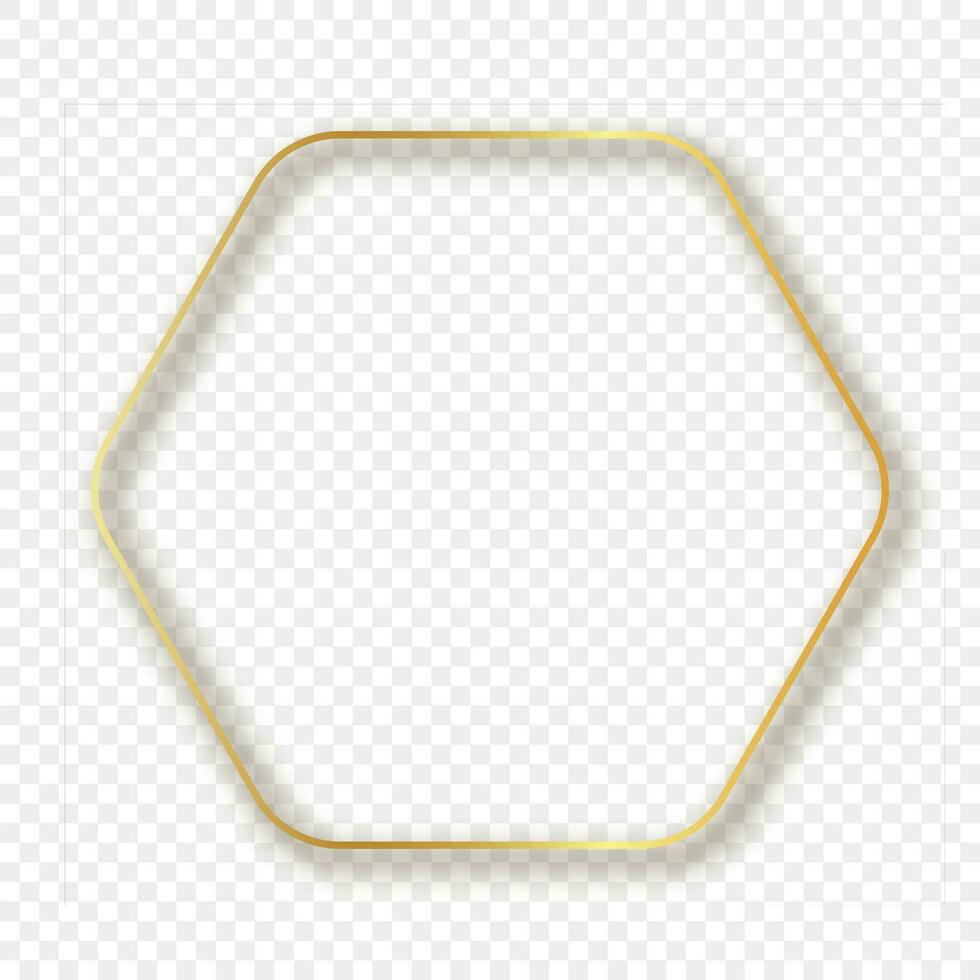 Gold glowing rounded hexagon frame with shadow vector