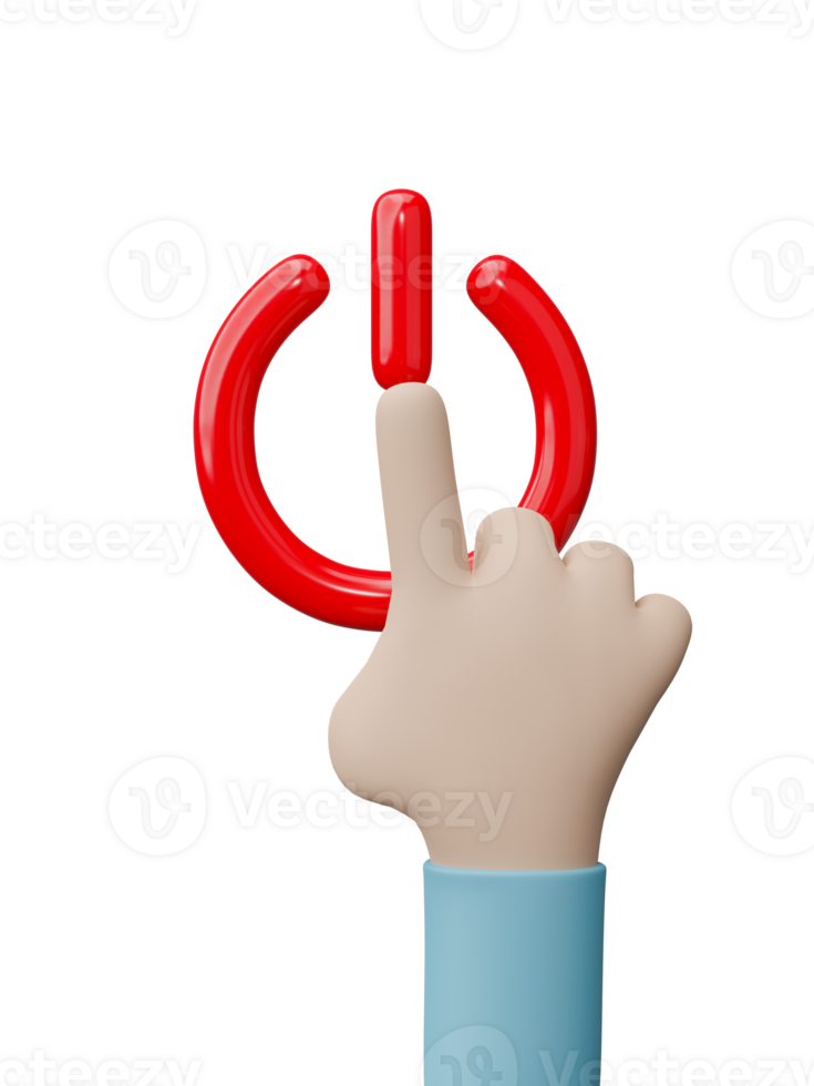 cartoon character hand activating button power icon isolated on transparent background. 3D render png