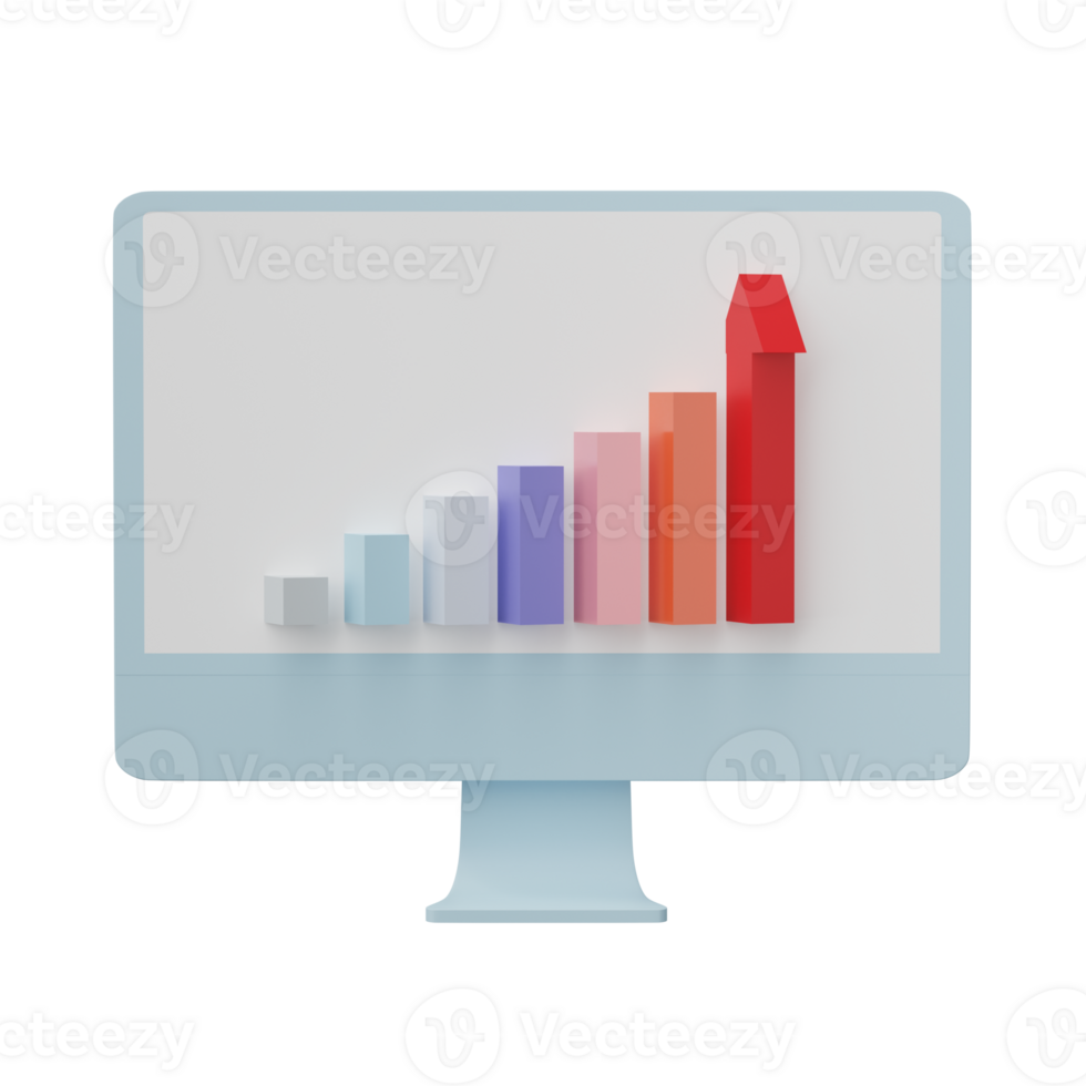 Business chart graphics on pc computer, Growing bars graphic rising forward achievement goal. 3D render Illustration. png