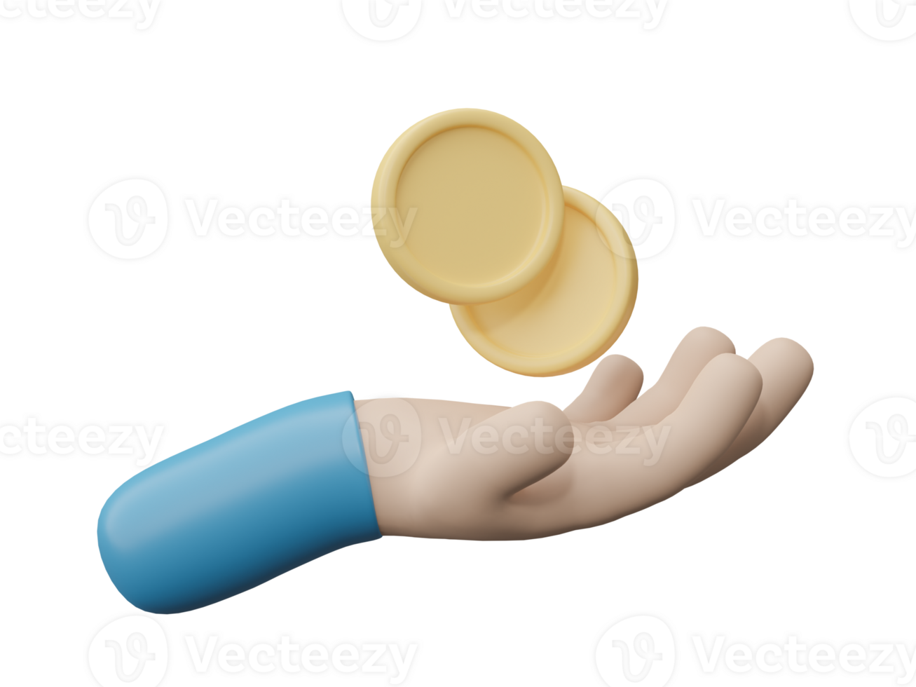 Hand with coin isolated on transparent background. Invest finance concept. 3D render Illustration. png
