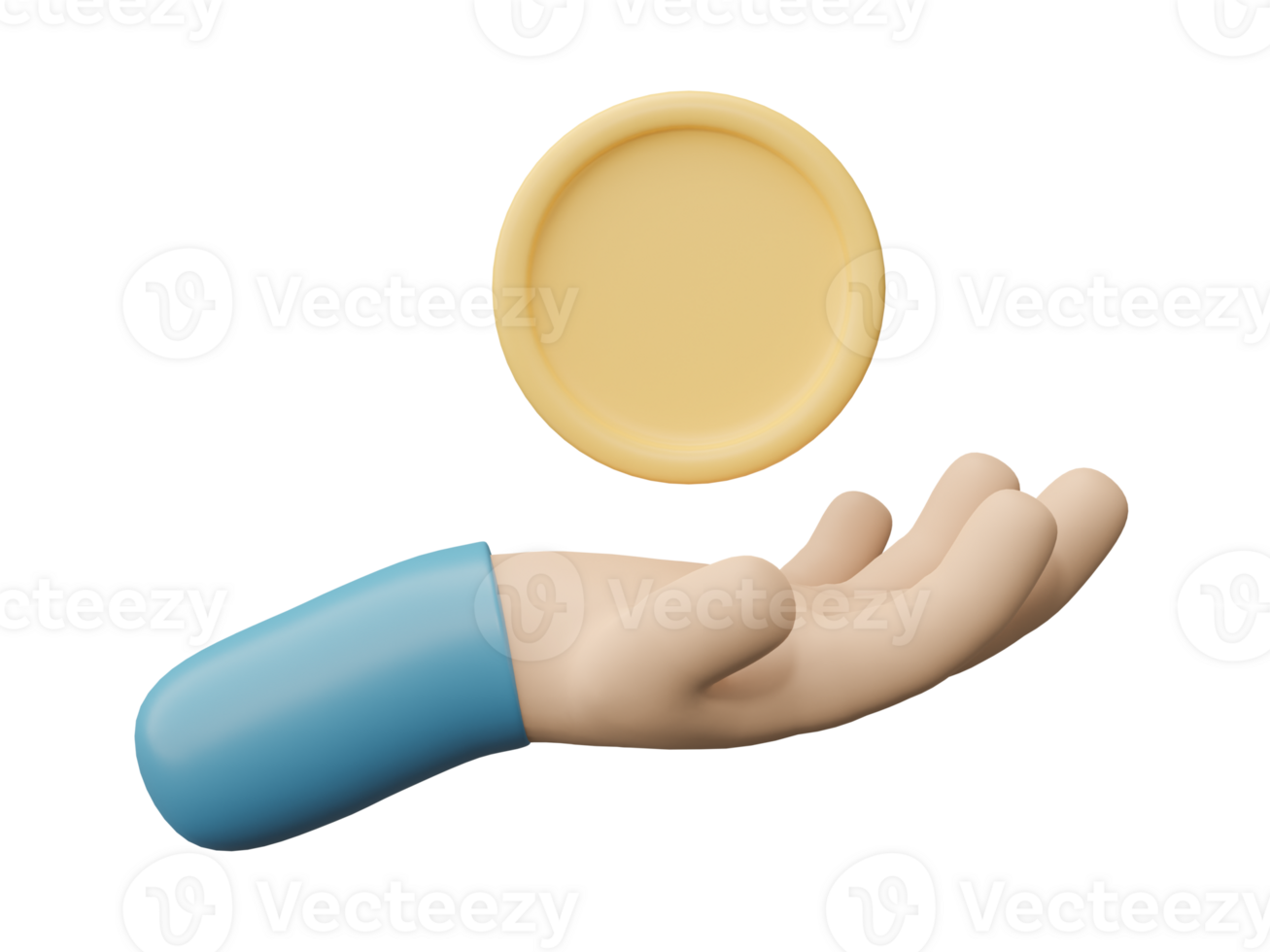 Hand with coin isolated on transparent background. Invest finance concept. 3D render Illustration. png