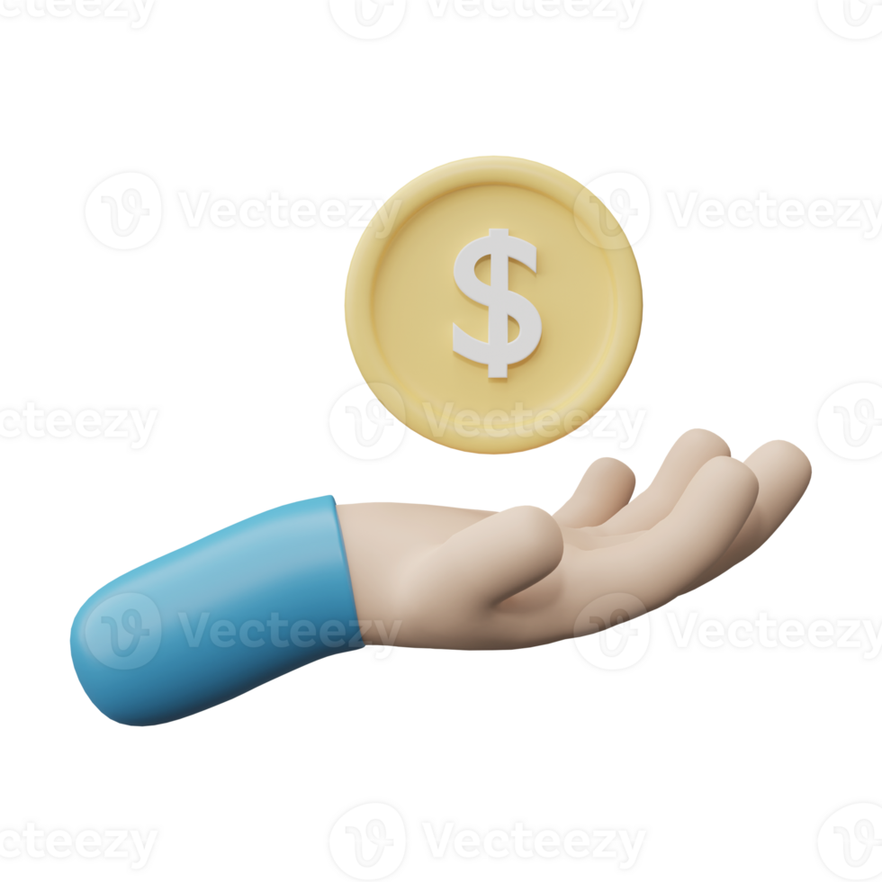 Hand with coin isolated on transparent background. Invest finance concept. 3D render Illustration. png
