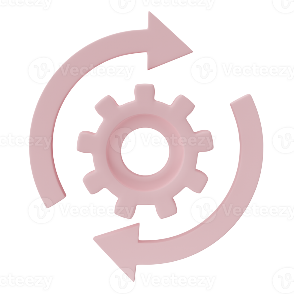 3D render, Gear with reprocessing sign line icon. Update, cycle, arrow isolated on transparent background. Processing concept png