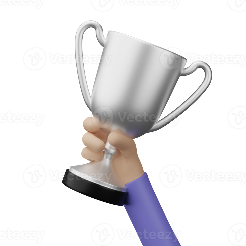 Hand holding silver champion trophy cup award. Concept of Winner prize, sport award, success. 3D render Illustration. png