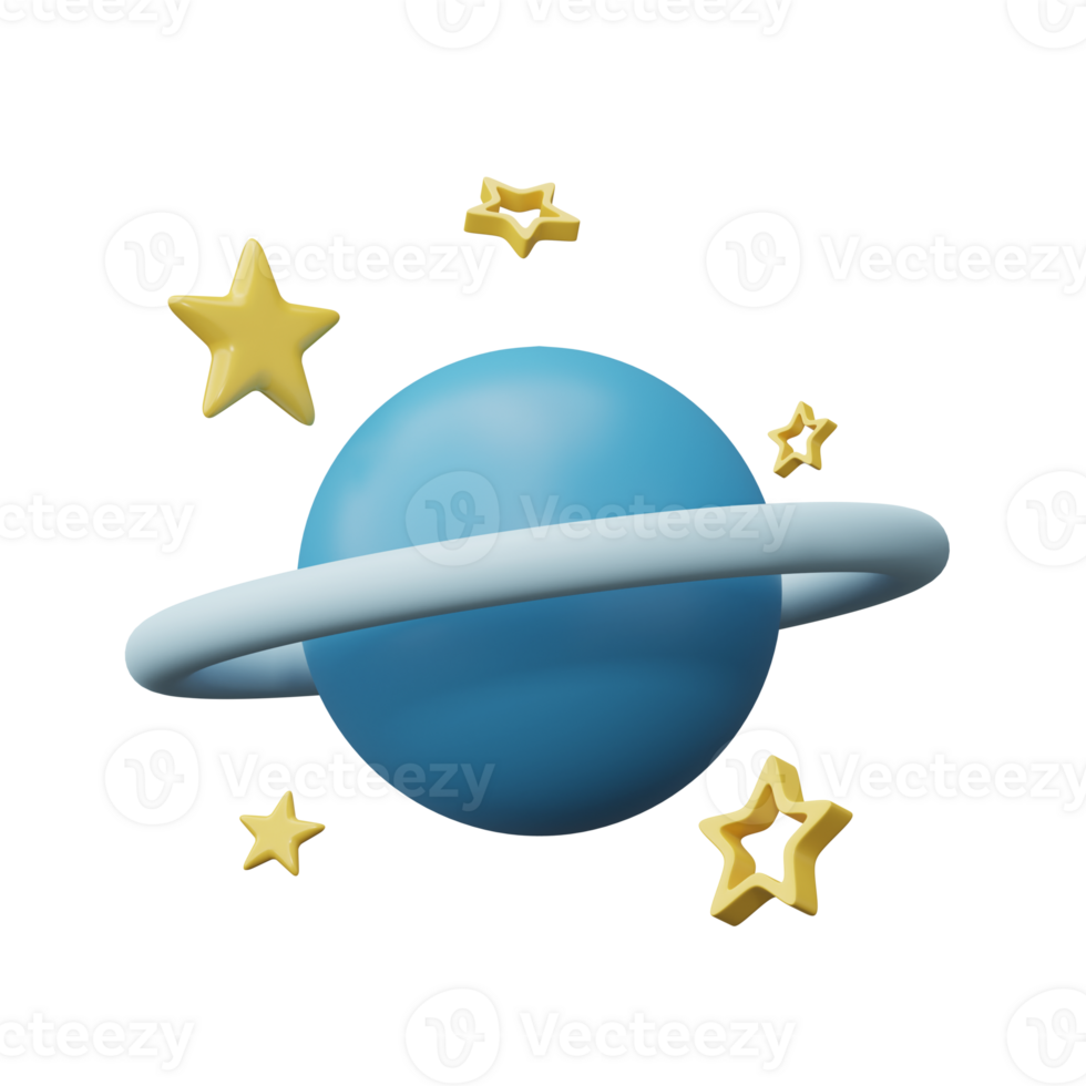 3D Icon Planet with ring around and stars. Saturn, Jupiter, Uranus or Neptune isolated on transparent background png