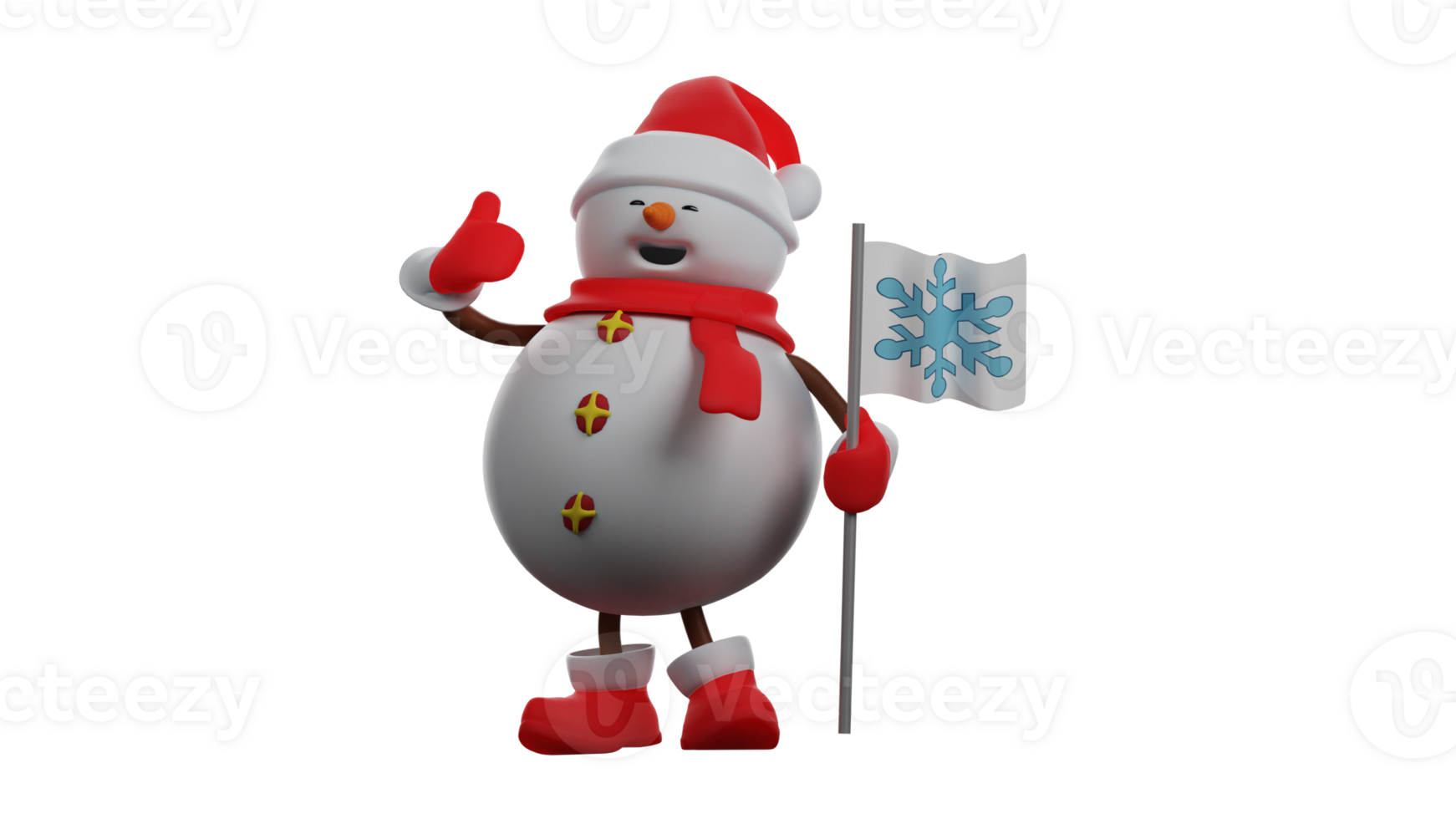 3D illustration. Snowman 3D cartoon character. Happy snowman giving thumbs up sign. The snowman is holding a flag with a snow symbol and showing a cute smile. 3D cartoon character png