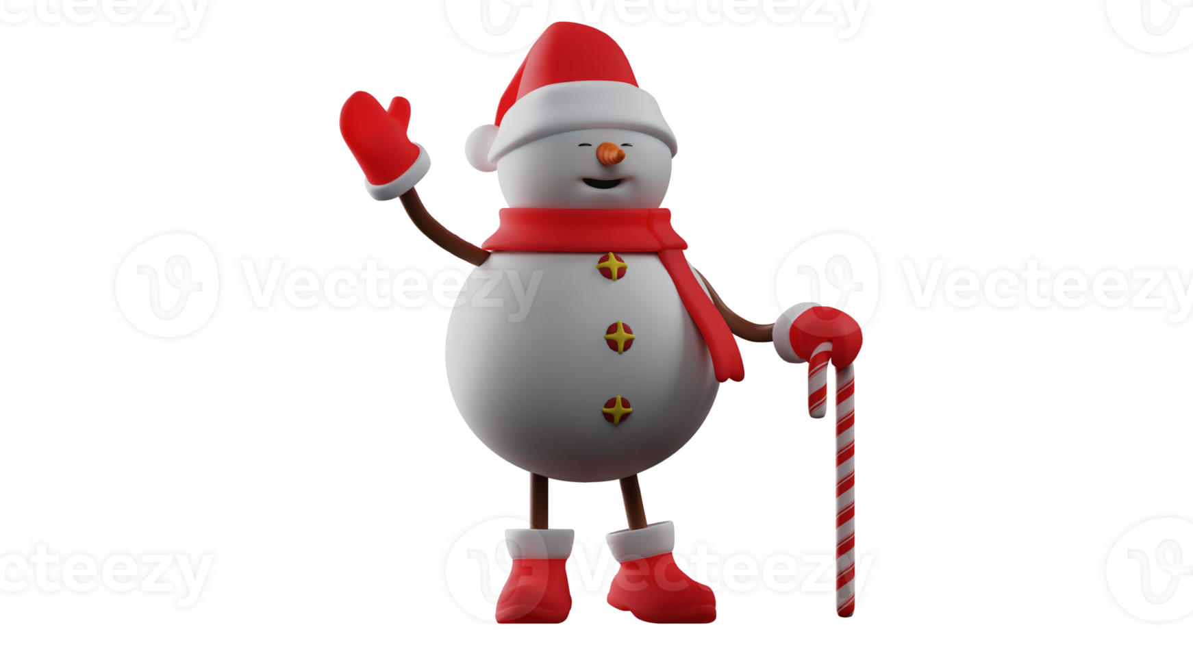 3D illustration. Stunning Snowman 3D cartoon character. Christmas snowman walking with christmas stick. Snowman waved to someone he met. 3D cartoon character png