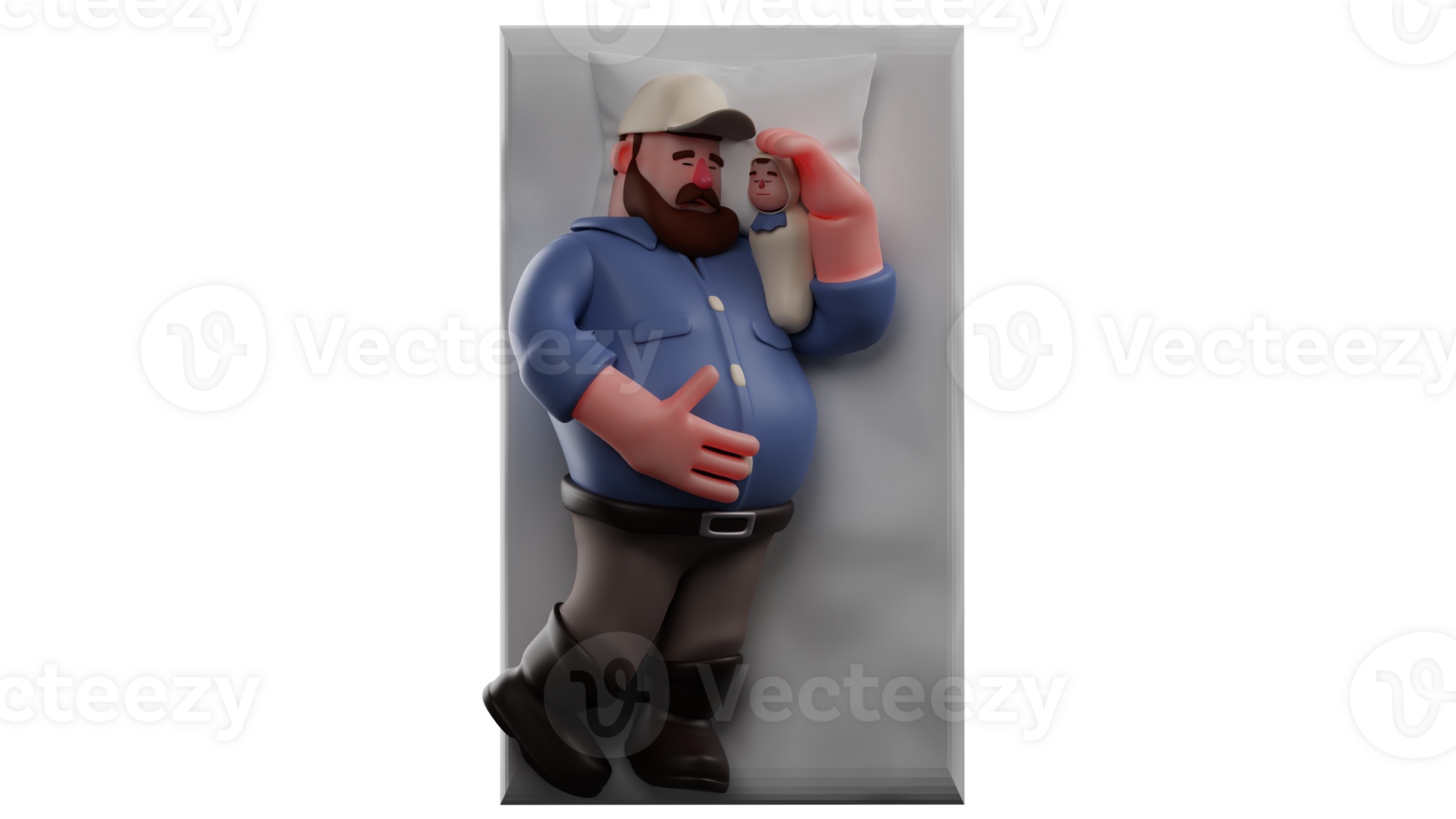 3D Illustration. Tired Father 3D cartoon character. Fat father slept while hugging his baby. Father always keeps his baby well. The cool father is responsible. 3D cartoon character png