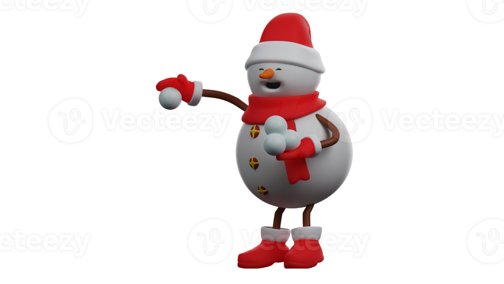3D illustration. Snowman 3D cartoon character. Snowman brings lots of snowballs. Snowman plays with snow and forms it into small balls. Snowman enjoying the cold winter season. 3D cartoon character png