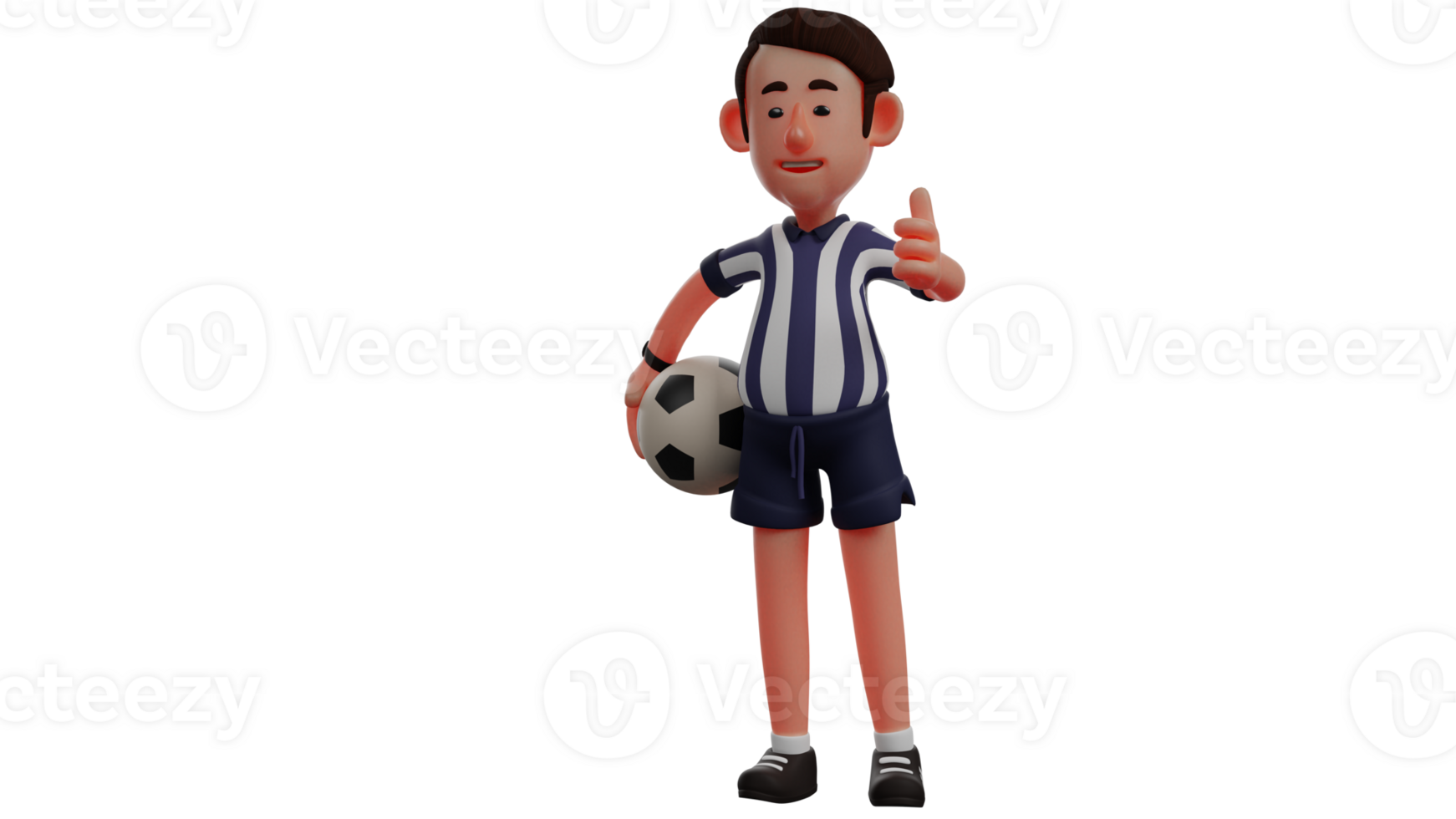 3D illustration. Handsome Referee 3D Cartoon Character. The referee brings the ball to be used in the match. The referee gave his thumbs up to the ball player who passed him. 3D Cartoon Character png