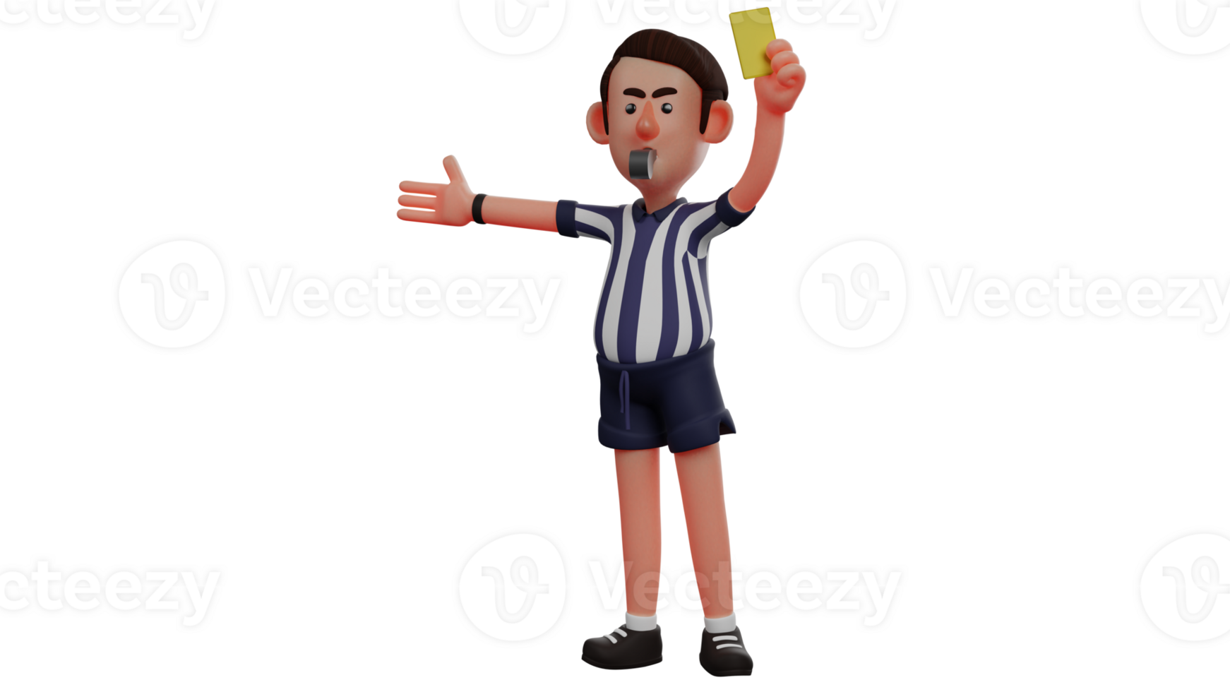3D illustration. Cool Referee 3D Cartoon Character. Referee blew the whistle and raised a yellow card because there was a violation on the field. 3D Cartoon Character png