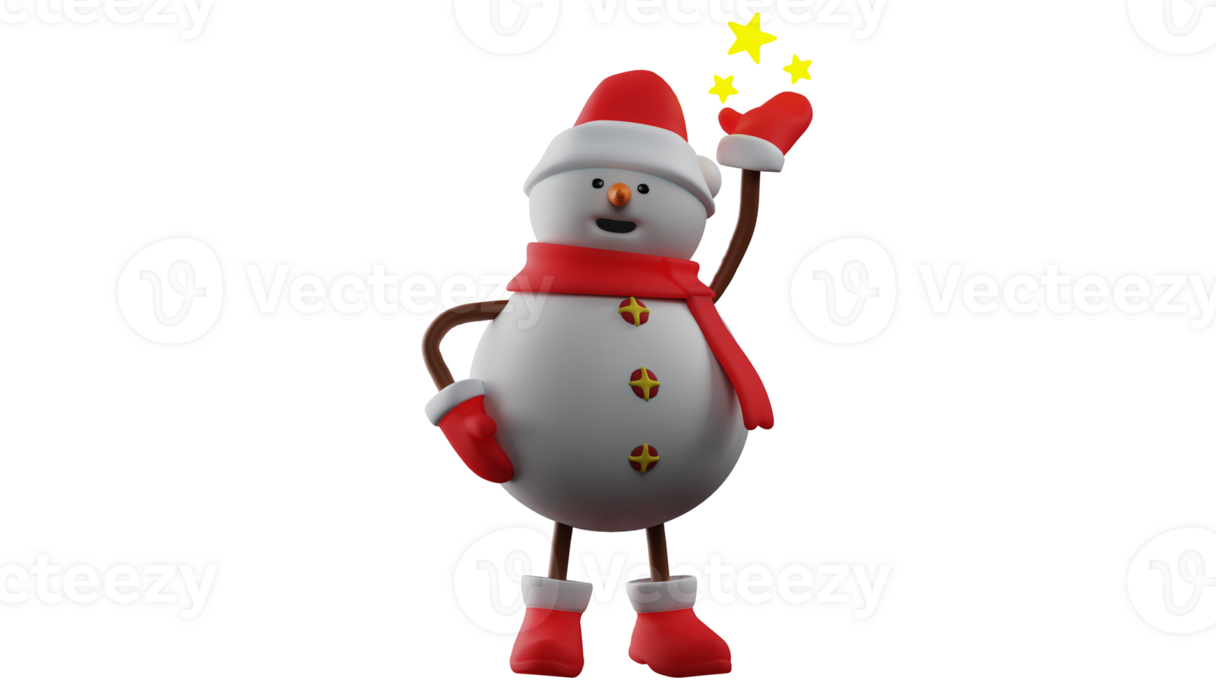 3D illustration. Charming Snowman 3D cartoon character. The snowman stands to amaze all who see it. Snowman raised one hand and there were many stars shining above it. 3D cartoon character png