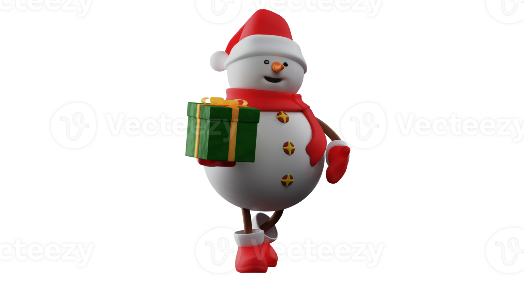 3D illustration. Romantic Snowman 3D cartoon character. Snowman brought a gift box for the Christmas celebration. Snowman is happy to be able to give someone a present. 3D cartoon character png