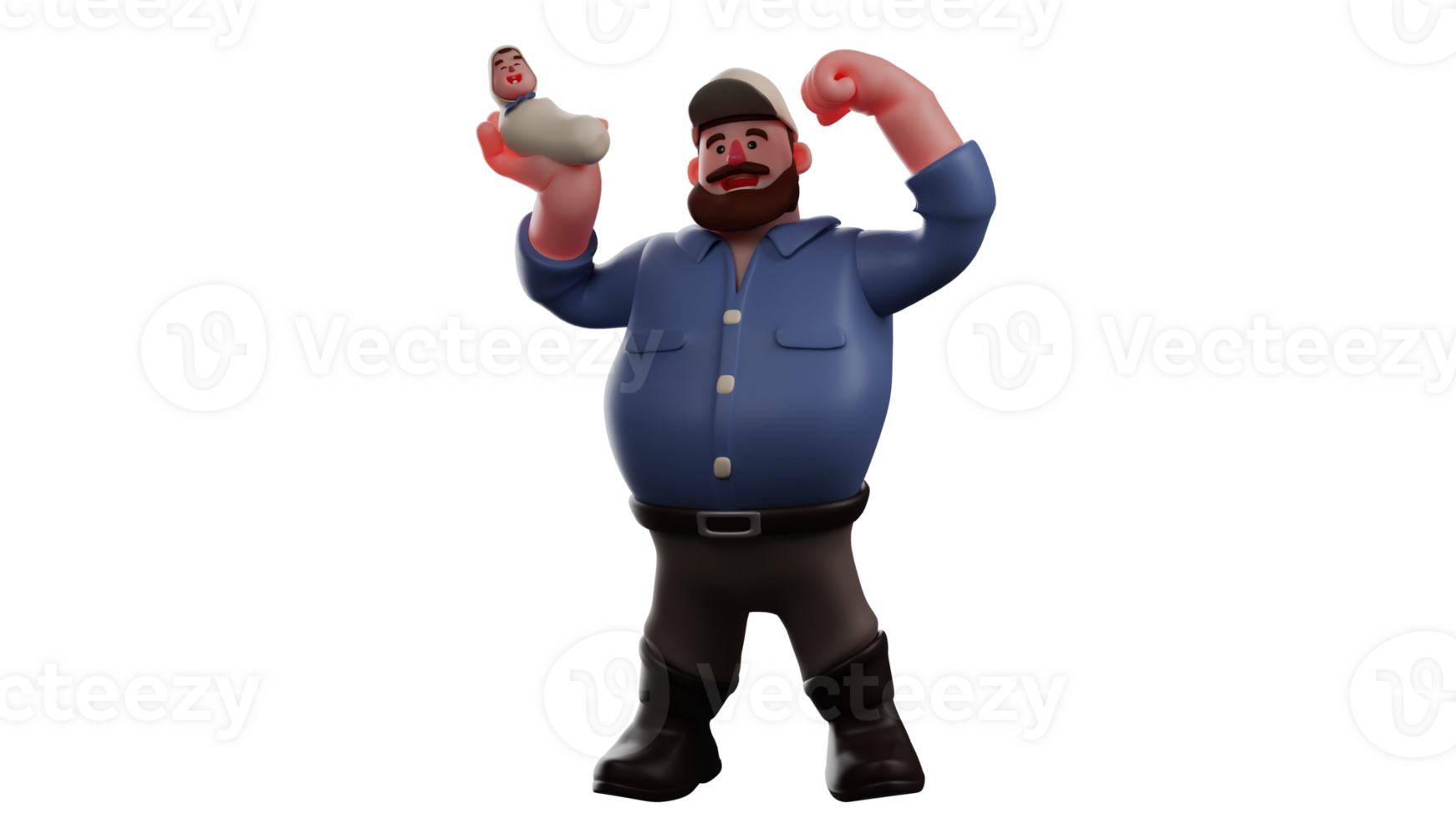 3D illustration. Strong Father 3D Cartoon Character. Dad lifts the baby with one hand. Dad showing off his strong arm muscles. Father smiled and showed a proud expression. 3D Cartoon Character png